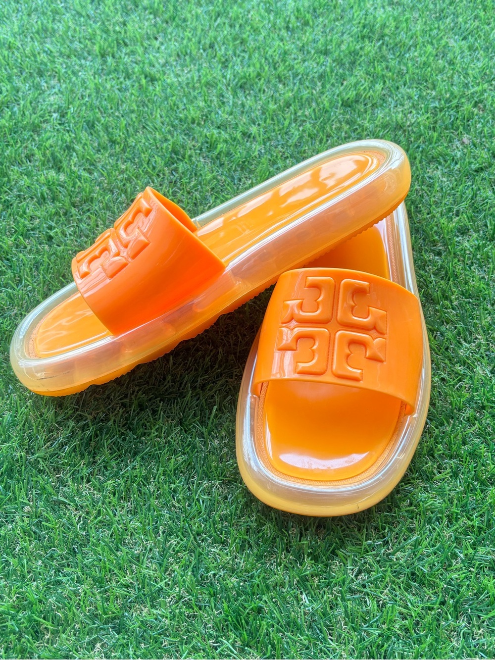 Tory Burch Orange Bubble Jelly Logo Sandals